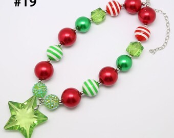 Girls Christmas Star Holiday Gumball Necklace, Red, Green, Bubblegum, Bling chunky bead, Toddler, Jewelry 2t, 3t 4t 5 6 7