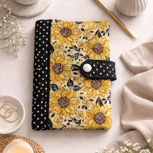 May include: A rectangular fabric notebook cover featuring a yellow sunflower pattern on a light background, accented by a black spine and a matching black strap with white polka dots, secured by a single white plastic snap button closure.