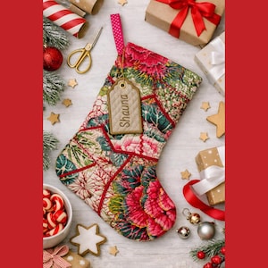 May include: A quilted Christmas stocking featuring a vibrant floral pattern in shades of red, green, and cream. A beige fabric tag with the name Shauna embroidered in brown thread is attached to the top with a pink polka-dot ribbon loop.