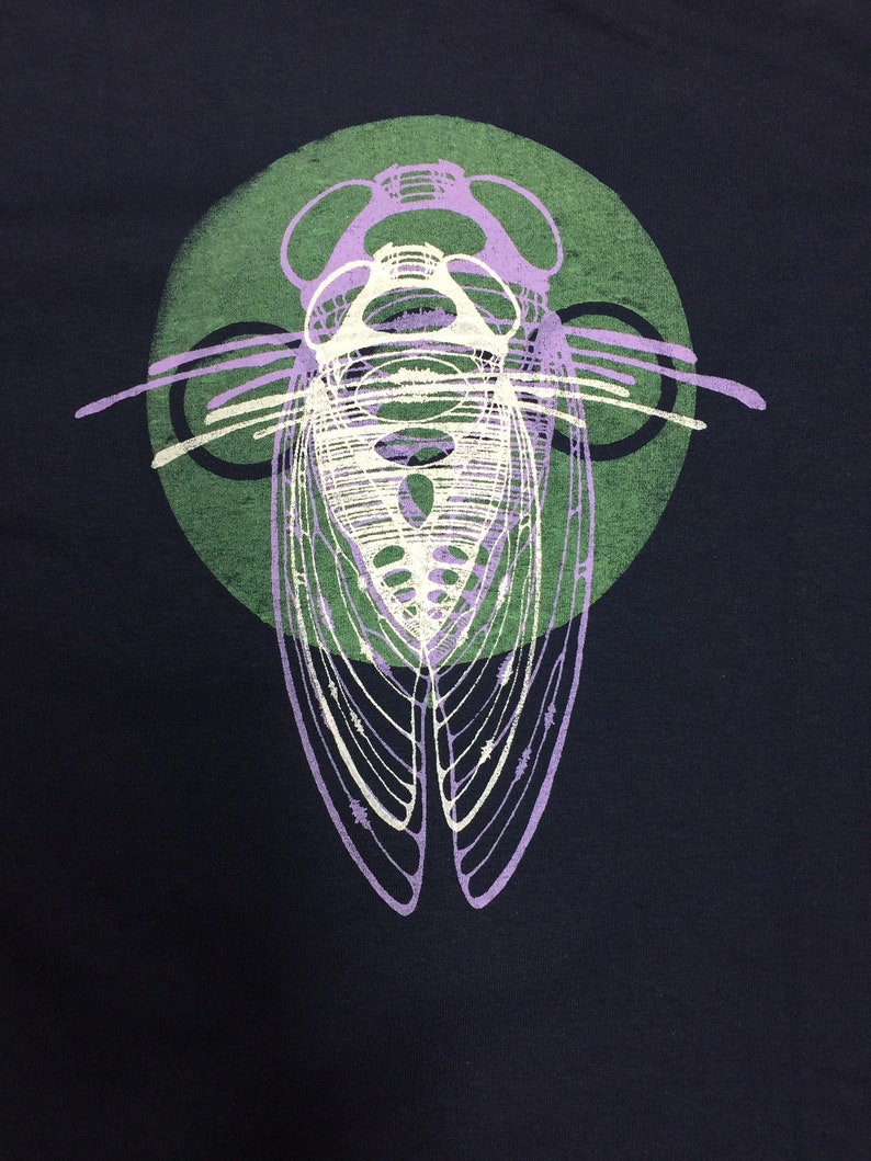 Pode incluir: Uma camiseta azul escura com uma estampa gr&aacute;fica de um inseto cigarra em um c&iacute;rculo. A cigarra &eacute; contornada em roxo e branco, e o c&iacute;rculo &eacute; verde.