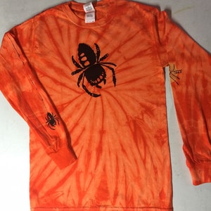 Unisex Creepy Black Spiders on Long-sleeve Orange Tie-Dye T-Shirt image 3