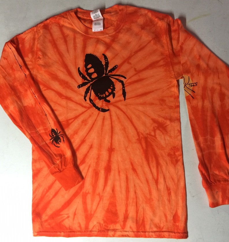 Unisex Creepy Black Spiders on Long-sleeve Orange Tie-Dye T-Shirt image 3