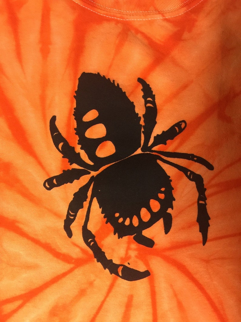Unisex Creepy Black Spiders on Long-sleeve Orange Tie-Dye T-Shirt image 6