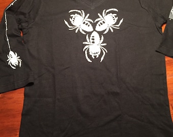 Women's 3/4 Sleeve, V-neck Black Creepy Spider(s) Tee Shirt