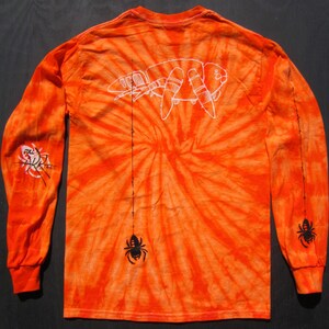 Unisex Creepy Black Spiders on Long-sleeve Orange Tie-Dye T-Shirt image 2