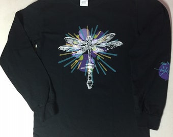 Unisex Fancy Colorful Dragonfly on Black T-Shirt with Long Sleeve or Short Sleeve