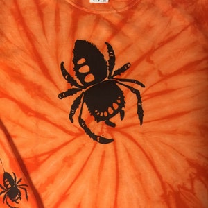 Unisex Creepy Black Spiders on Long-sleeve Orange Tie-Dye T-Shirt image 4