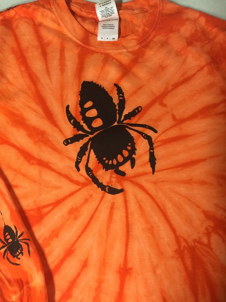Unisex Creepy Black Spiders on Long-sleeve Orange Tie-Dye T-Shirt image 4