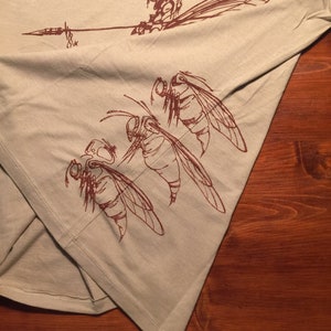 May include: A light green t-shirt with a brown graphic print of three insects and a figure holding a spear. The insects have large wings and detailed features.