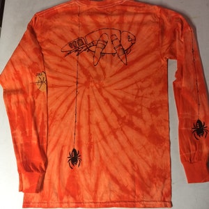 Unisex Creepy Black Spiders on Long-sleeve Orange Tie-Dye T-Shirt image 5