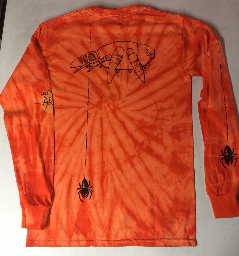 Unisex Creepy Black Spiders on Long-sleeve Orange Tie-Dye T-Shirt image 5