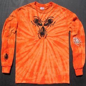 Unisex Creepy Black Spiders on Long-sleeve Orange Tie-Dye T-Shirt image 1