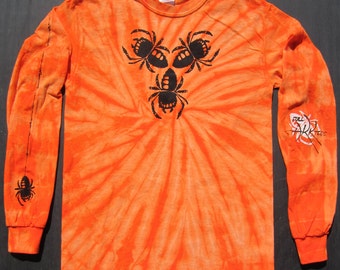 Unisex Creepy Black Spider(s) on Long-sleeve Orange Tie-Dye T-Shirt