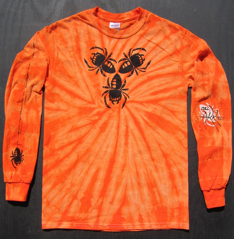 Unisex Creepy Black Spiders on Long-sleeve Orange Tie-Dye T-Shirt image 1