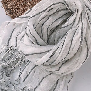 LIGHT THRU LINEN 100% Pure Linen Scarf Extra Long Wrap Unisex Scarf White