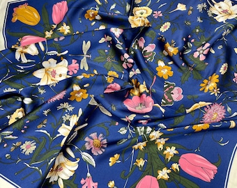 TIMELESS FLORAL - Navy Blue - Square Scarves - Silk Blend Head Neck Scarf - Neckerchief - Soft Rose Background Floral Scarf - Headbands