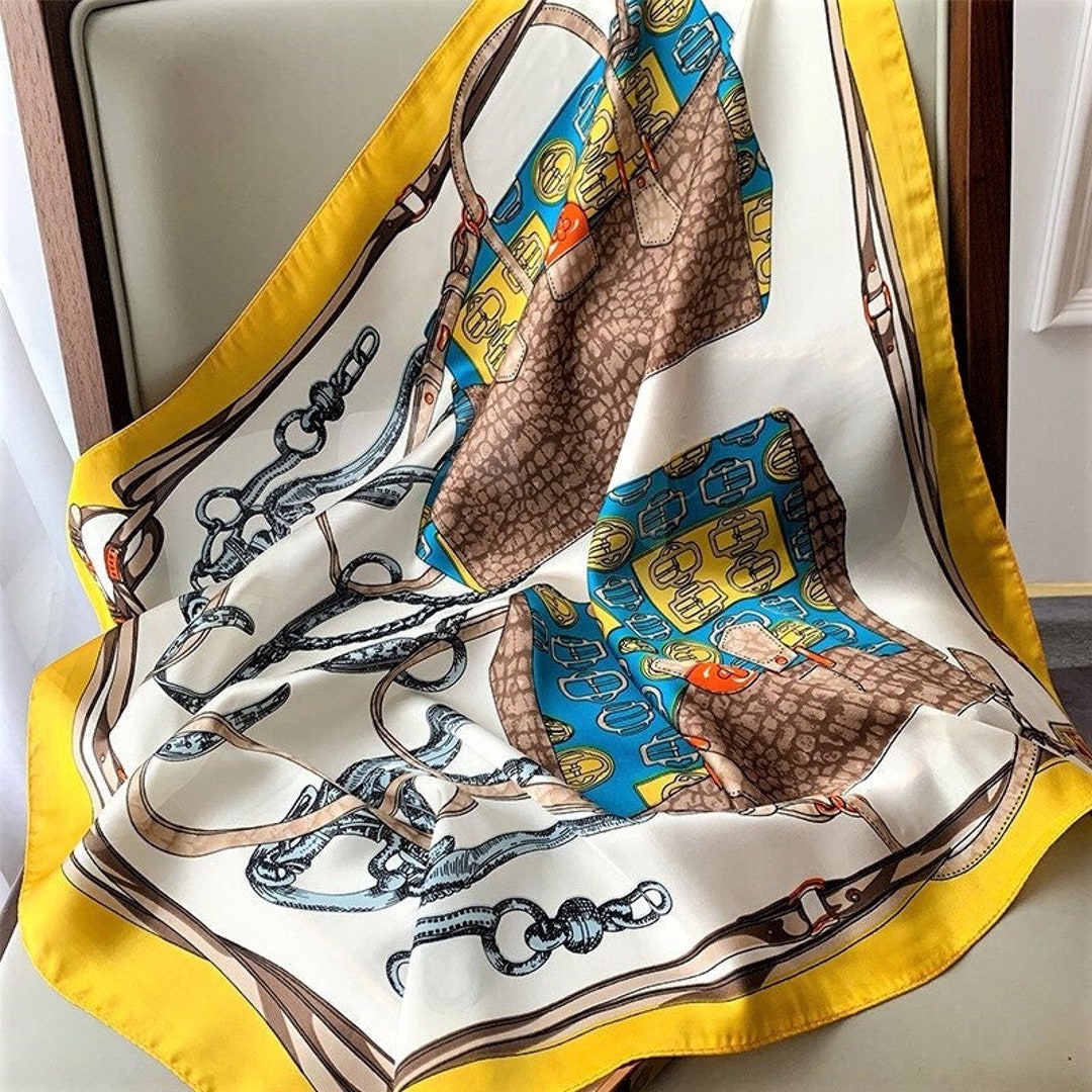 EQUESTRIAN BAGS HARNESS Yellow Square Scarves Silk Blend Head Neck ...