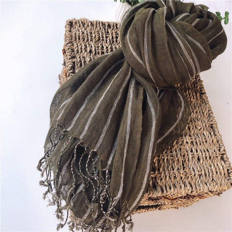 LIGHT THRU LINEN 100% Pure Linen Scarf Extra Long Wrap Unisex Scarf Dark green