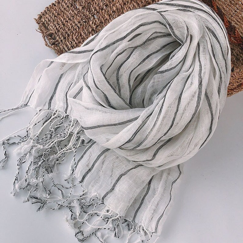 LIGHT THRU LINEN 100% Pure Linen Scarf Extra Long Wrap Unisex Scarf White