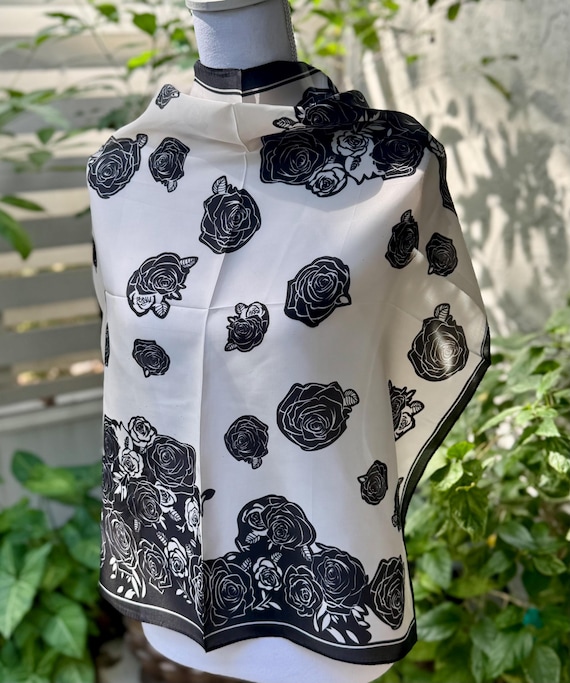BLACK ROSE - Monochrome Floral - Silk Blend Head Neck Scarf 