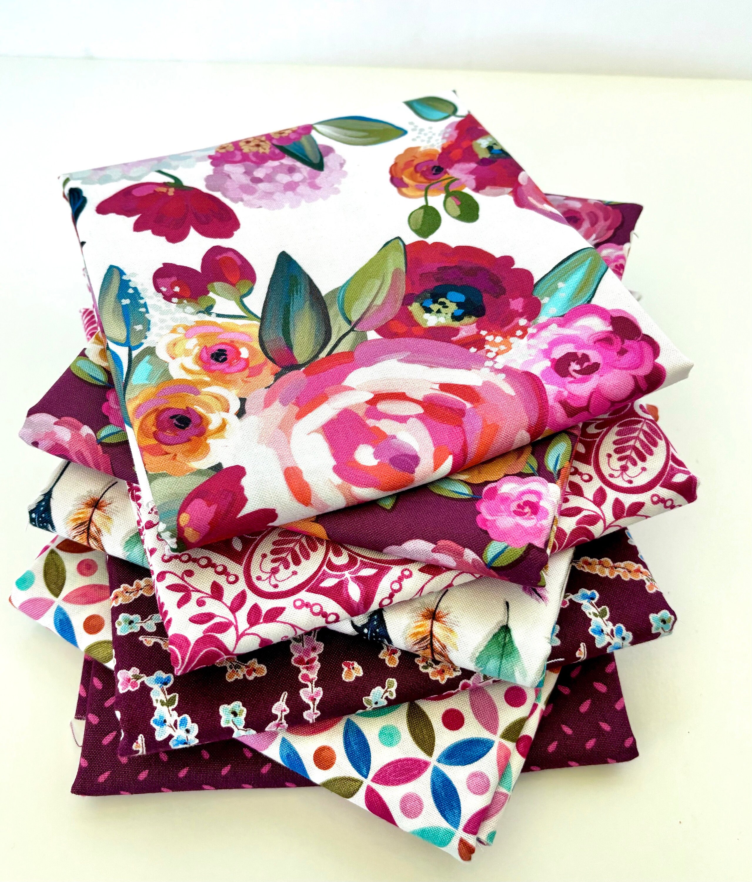 Bundle of seven 1/2 Yard Cuts From My “Poppies and Plumes” Fabric Collection For Riley Blake ~White