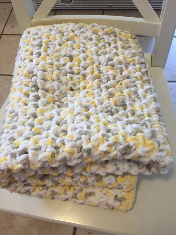 Items similar to Crochet Baby Blanket Yellow, Gray, White Fleece Yarn