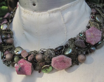 Artisan Statement Necklace - Rubies For Tuesday..or Any Day! Wire Crochet With Ruby Slabs, Garnets, Tourmaline, Pearls