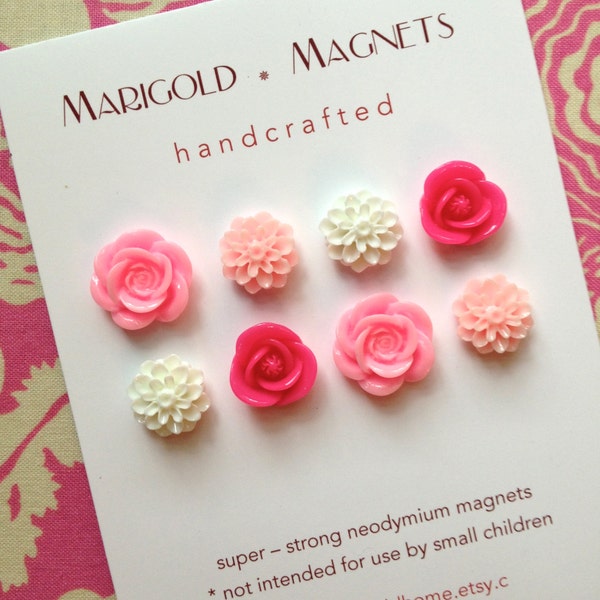 pink flowers, SUPER STRONG neodymium magnets, set of 8, pink flowers, roses, dorm decor, hostess gift, gardener, magnetic bulletin board