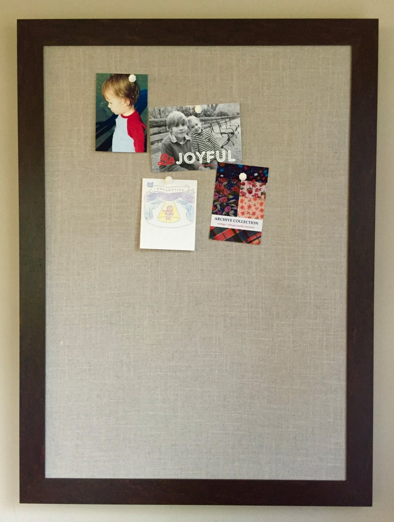 Walnut brown framed bulletin board oatmeal linen EX Etsy