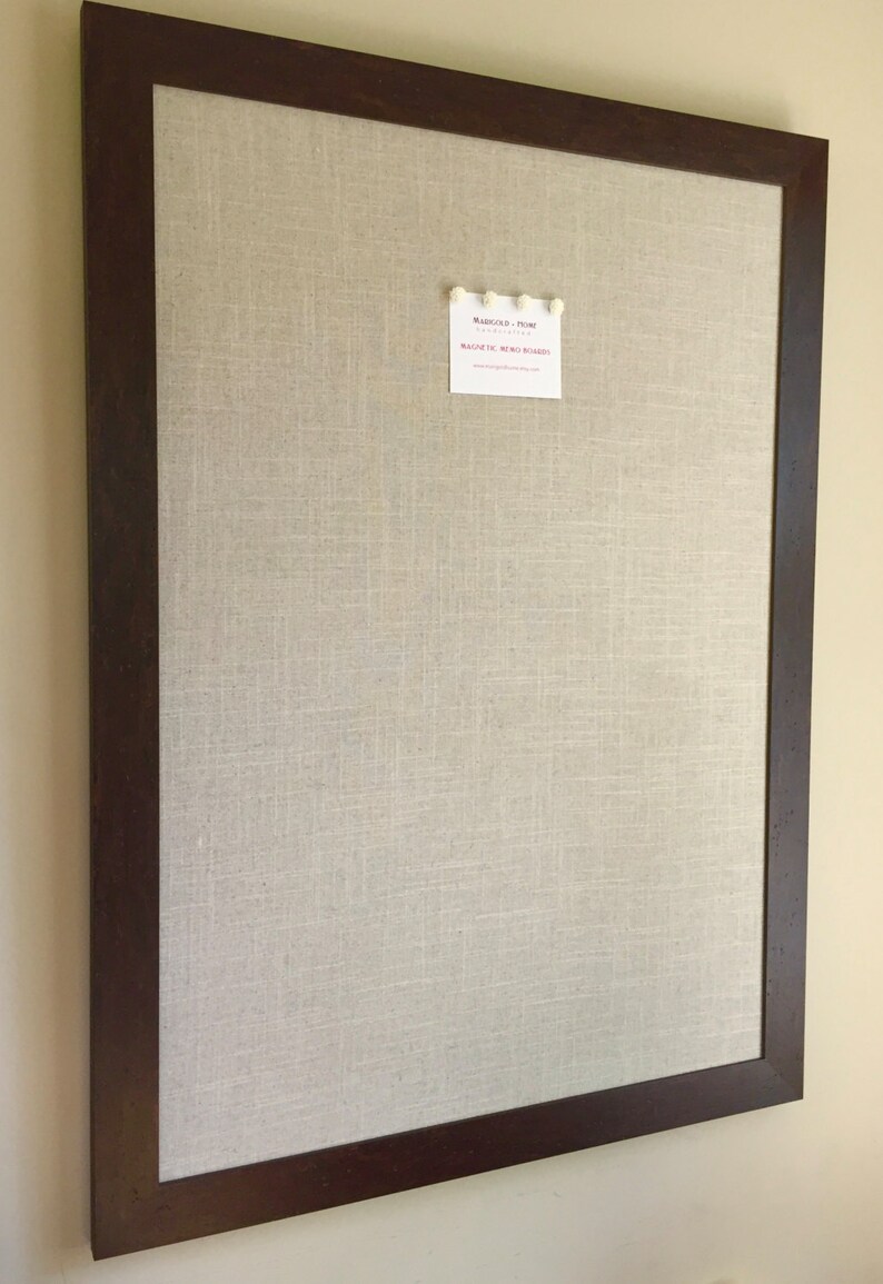 Walnut brown framed bulletin board oatmeal linen EX Etsy