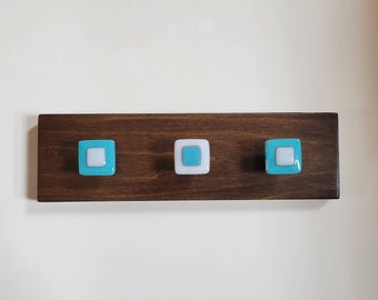 Retro Squares (Turquoise/White) - Fused Glass Knob Necklace Holder