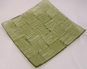 Green Patchwork - Fused Glass Candle Plate - Large