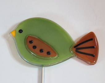 Moody Birds (Olive Green) - Fused Glass Garden/Plant Stake