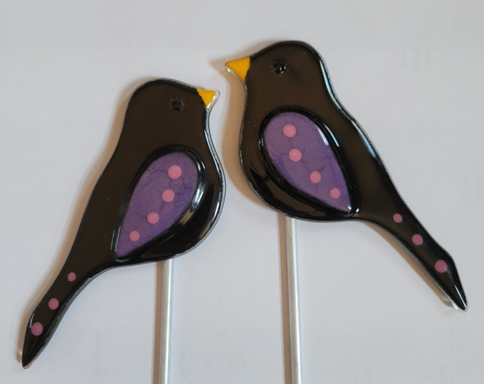 Blackbirds Sing - Fused Glass Plant Stakes