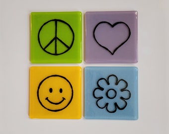 Fun & Funky (70's Symbols) - Fused Glass Coasters - 4-Piece Set