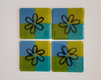 Fun & Funky (Flower) - Fused Glass Coasters - 4-Piece Set - Blue/Green