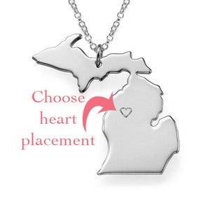 Personalized Michigan necklace, heart engraving, Stainless Steel, michigan jewelry, heart location, Michigan necklace with heart stamp