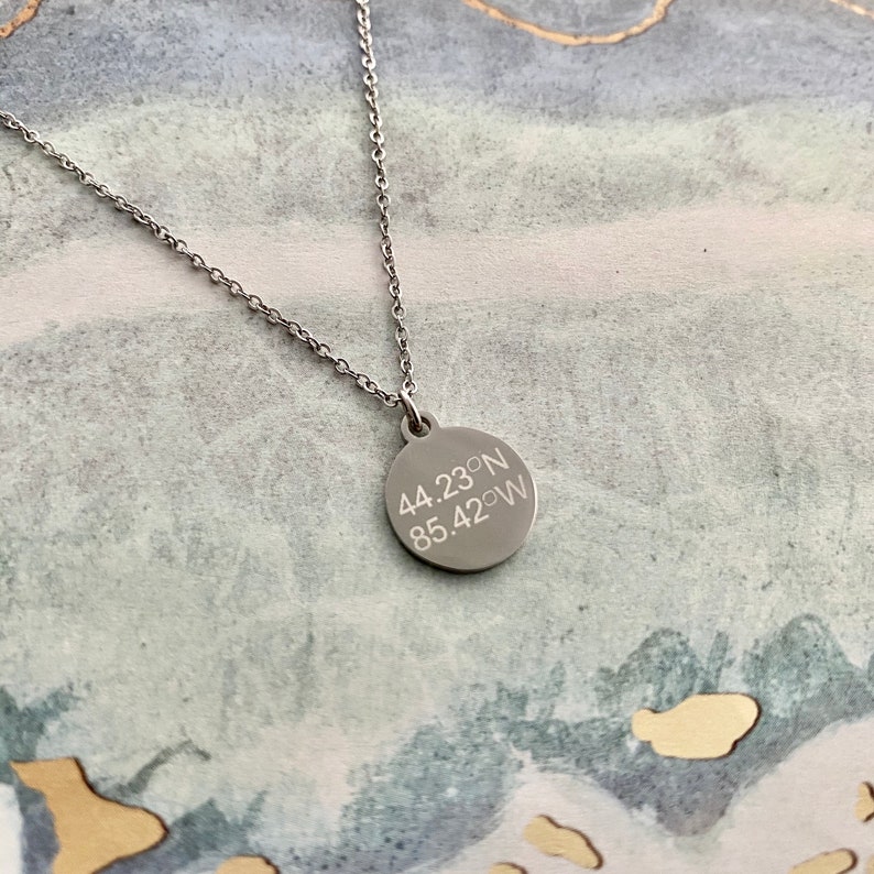 GPS coordinates Personalized engraved jewelry Personalized Lake necklace coordinates necklace custom lake necklace
