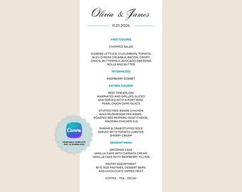 Szablon menu weselnego z imionami i datą, Klasyczna karta menu, Edytowalny szablon Canva, Menu weselne do druku, Natychmiastowe pobranie