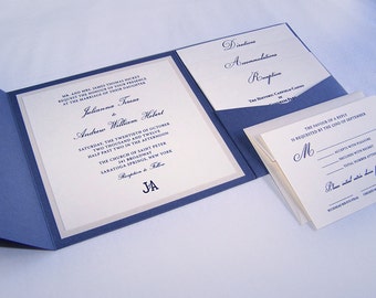 Navy Blue Wedding Invitation Suite, Thermography Wedding Invitation Pocketfold, Invite suite with inserts.