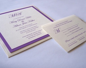 Purple Wedding Invitation - Script Monogram Wedding Invitation - Square Invitation - Optional Pocketfold and Thermography Ink