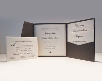Invitación de boda con termografía, Invitación de bolsillo gris con inserciones, Invitación formal con confirmación de asistencia e inserciones