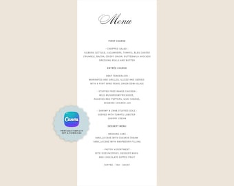 Editable Wedding Menu Template, Classic Menu Card, Canva Template, Timeless Printable Reception Menu, Instant Download