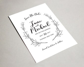 Thermography Handwritten Script Save The Date, Wedding Save The Date, Leaf and branches Save The Date