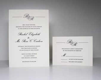 Classic Wedding Invitation, Thermography Wedding Invitation Suite, Script Invitation with Monogram, RSVP card and inserts