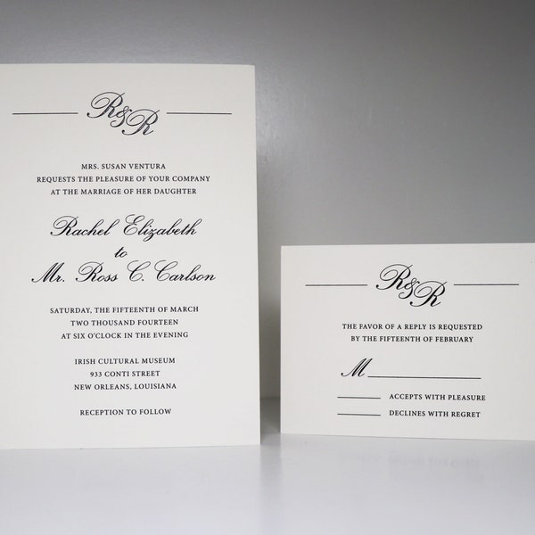 Classic Wedding Invitation, Thermography Wedding Invitation Suite, Script Invitation with Monogram, RSVP card and inserts