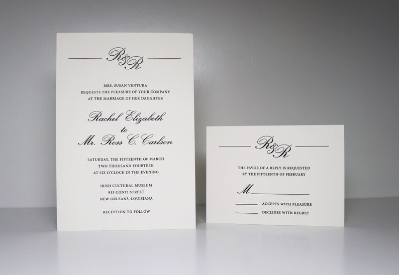 Classic Wedding Invitation, Thermography Wedding Invitation Suite, Script Invitation with Monogram, RSVP card and inserts image 1