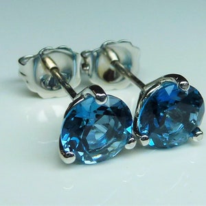 Genuine London Blue Topaz Martini Stud Earrings In Solid 14k White Gold