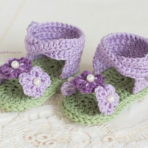Crochet Pattern // Beginner Easy Newborn Booties Flower Toddler Double Strap Slipper Shoes // English Violet Sandals Pattern PDF