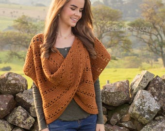 Crochet Pattern // Easy Oversized Poncho, Crocheted Wrap Shawl With Twist Front, Classic Cosy Sweater // Cinnamon Roll Pullover Sweater